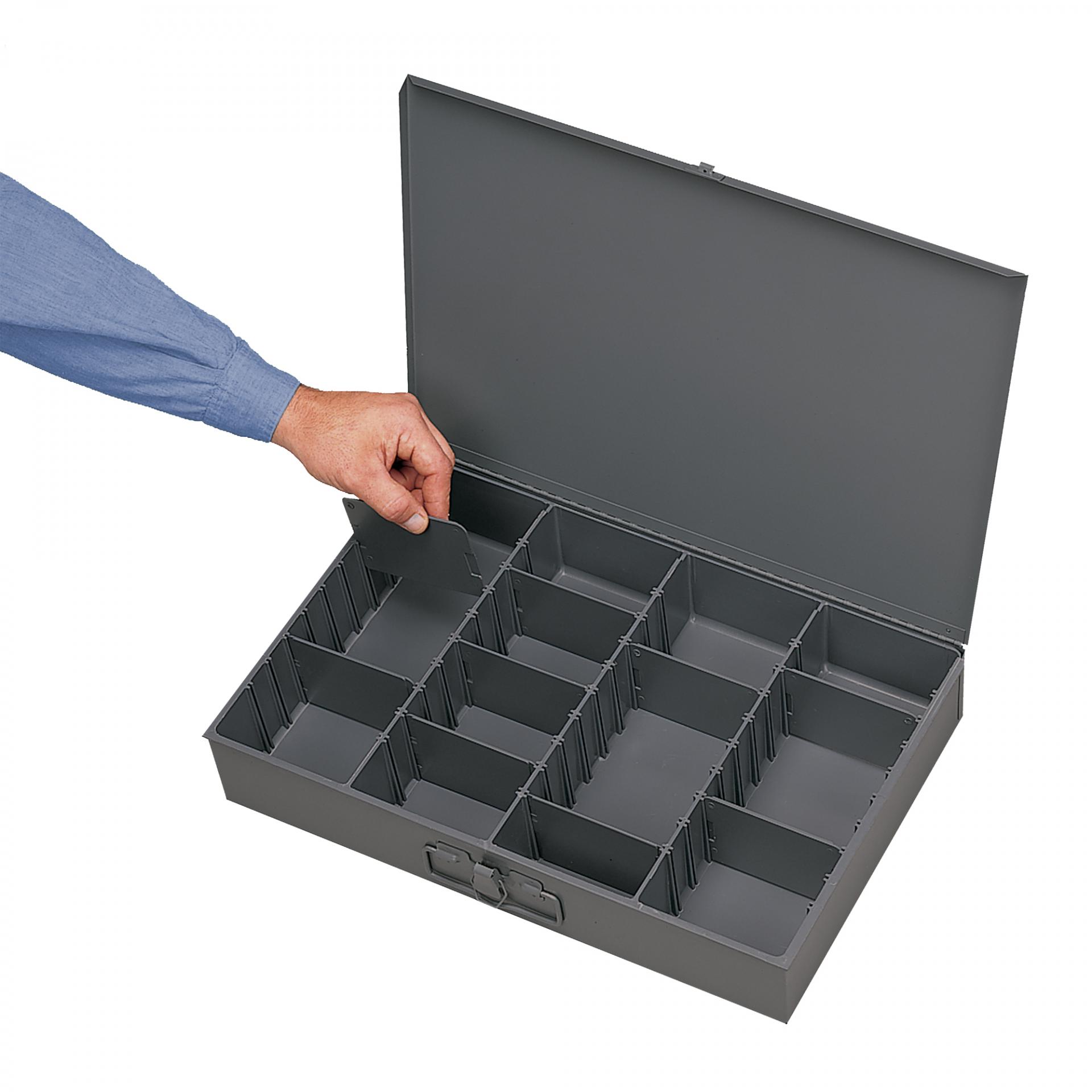 Small Steel Compartment Box, Variable Openings, Includes 9 Dividers, Gray